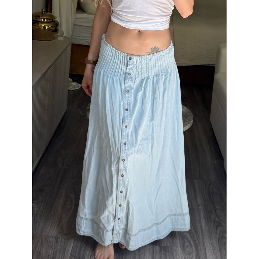 Pilcro Anthropologie Pintuck Basque Waist Denim Maxi Skirt XS Blue